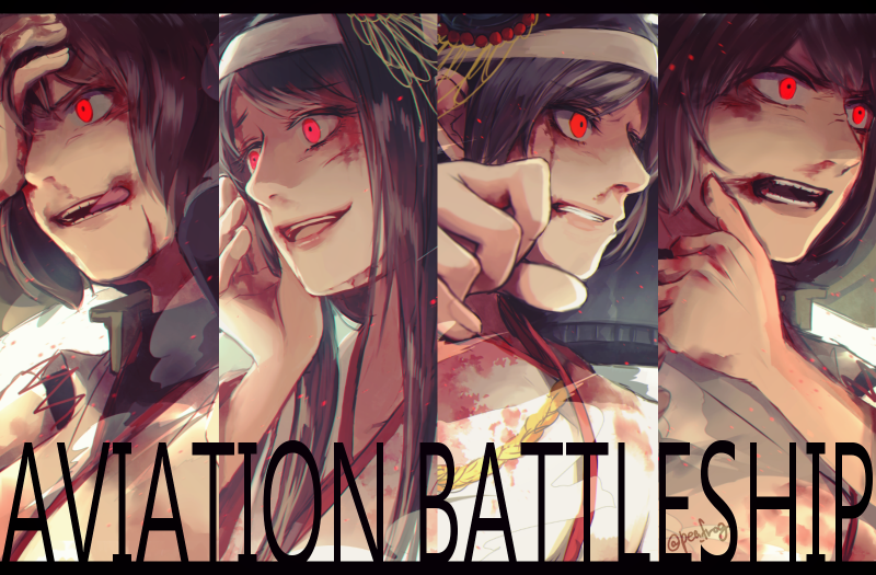 aiguillette black_hair blood blood_on_face brown_hair commentary constricted_pupils crazy_eyes eyebrows_visible_through_hair floral_print fusou_(kantai_collection) hachimaki hair_ornament hand_on_own_face headband hyuuga_(kantai_collection) injury ise_(kantai_collection) japanese_clothes kantai_collection kimono kuchinashi_(rapido) licking_lips long_hair multiple_girls nontraditional_miko open_mouth red_eyes remodel_(kantai_collection) shaded_face short_hair smile teeth tongue tongue_out undershirt upper_body white_kimono yamashiro_(kantai_collection)