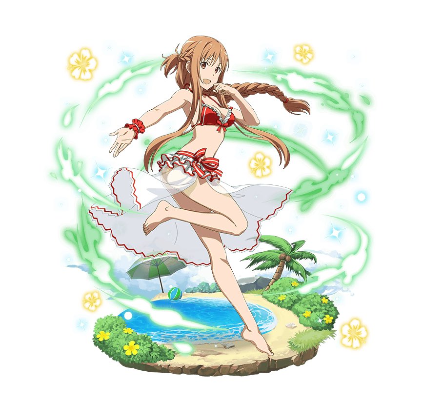 :d ass asuna_(sao) ball bangs barefoot beachball bikini braid breasts brown_eyes brown_hair cleavage faux_figurine floating_hair flower frilled_bikini_top hair_between_eyes leg_up long_hair looking_at_viewer medium_breasts official_art open_mouth outstretched_arm palm_tree ponytail red_bikini sideboob sidelocks simple_background single_braid smile solo standing standing_on_one_leg swimsuit sword_art_online sword_art_online:_code_register tree very_long_hair white_background wrist_cuffs yellow_flower