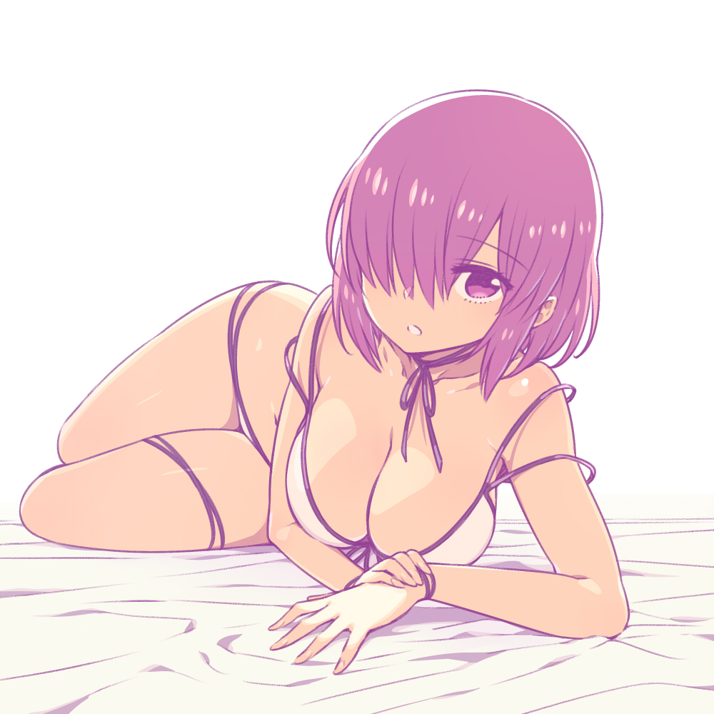 bare_shoulders bikini breasts chan_co cleavage collarbone eyebrows_visible_through_hair fate/grand_order fate_(series) hair_over_one_eye large_breasts looking_at_viewer lying mash_kyrielight multi-strapped_bikini on_side open_mouth purple_eyes purple_hair short_hair simple_background solo strap_slip swimsuit white_background white_bikini