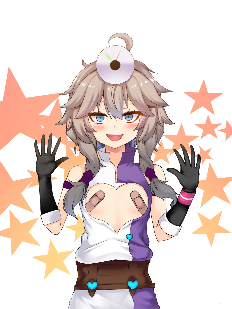 :d ahoge bad_id bad_pixiv_id bandaid bandaids_on_nipples bangs bare_shoulders belt black_gloves blue_eyes blush dress eyebrows_visible_through_hair flat_chest gloves grey_hair hair_between_eyes hair_over_shoulder hair_tubes hands_up head_mirror heart heart_cutout high_collar highres kasukabe_tsukushi kasukabe_tsukushi_channel lipstick long_hair looking_at_viewer low_twintails makeup okuri_banto open_mouth pasties purple_dress red_lipstick shiny shiny_hair sleeveless sleeveless_dress smile solo standing star starry_background tsurime twintails virtual_youtuber white_background white_dress wristband