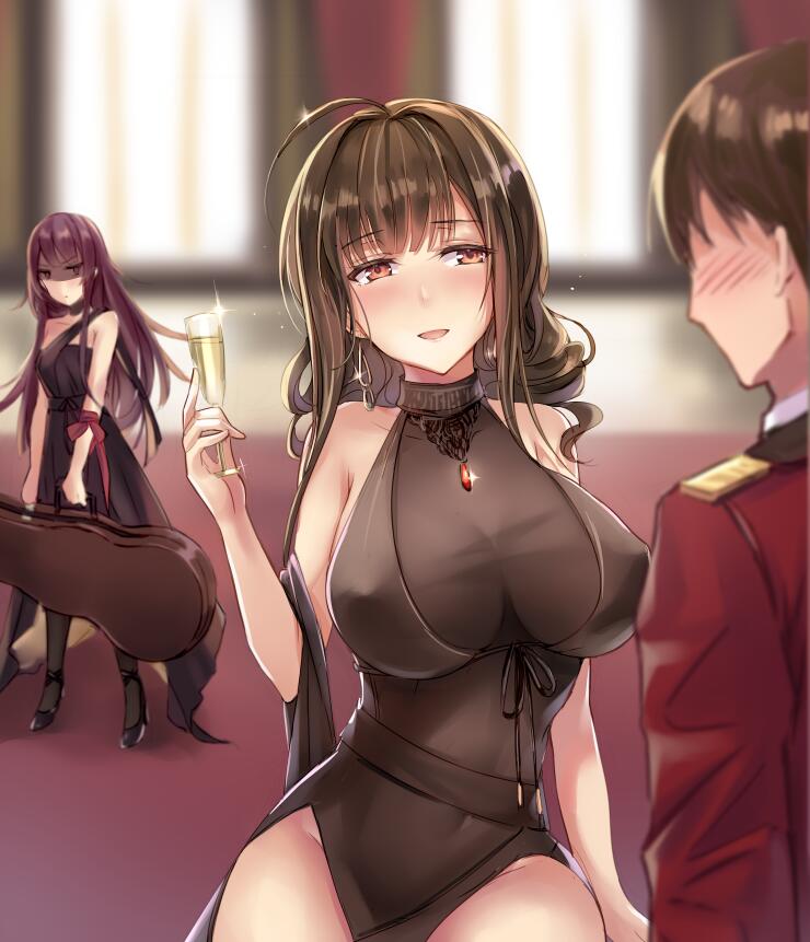 2girls :d ahoge alternate_costume arm_ribbon bangs bare_shoulders black_dress black_footwear black_gloves black_legwear blunt_bangs blurry blurry_background blush breasts brown_hair cello_case champagne_flute choker cleavage commander_(girls_frontline) commentary_request covered_navel covered_nipples cup dress drinking_glass dsr-50_(girls_frontline) earrings eyebrows_visible_through_hair girls_frontline gloves groin hair_ribbon half-closed_eyes head_tilt holding holding_cup indoors jealous jewelry large_breasts long_hair military military_uniform multiple_girls no_bra open_mouth pantyhose pumps purple_hair red_eyes red_ribbon ribbon ruby_(stone) see-through shaded_face shawl sidelocks single_strap smile sparkle thighs uniform very_long_hair wa2000_(girls_frontline) weapon_case yuemanhuaikong