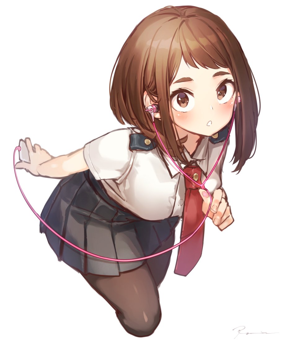 bad_id bad_twitter_id boku_no_hero_academia brown_eyes brown_hair cellphone earbuds earphones iphone looking_at_viewer necktie open_mouth pantyhose phone ryota_(ry_o_ta) school_uniform signature simple_background skirt smartphone solo u.a._school_uniform uraraka_ochako