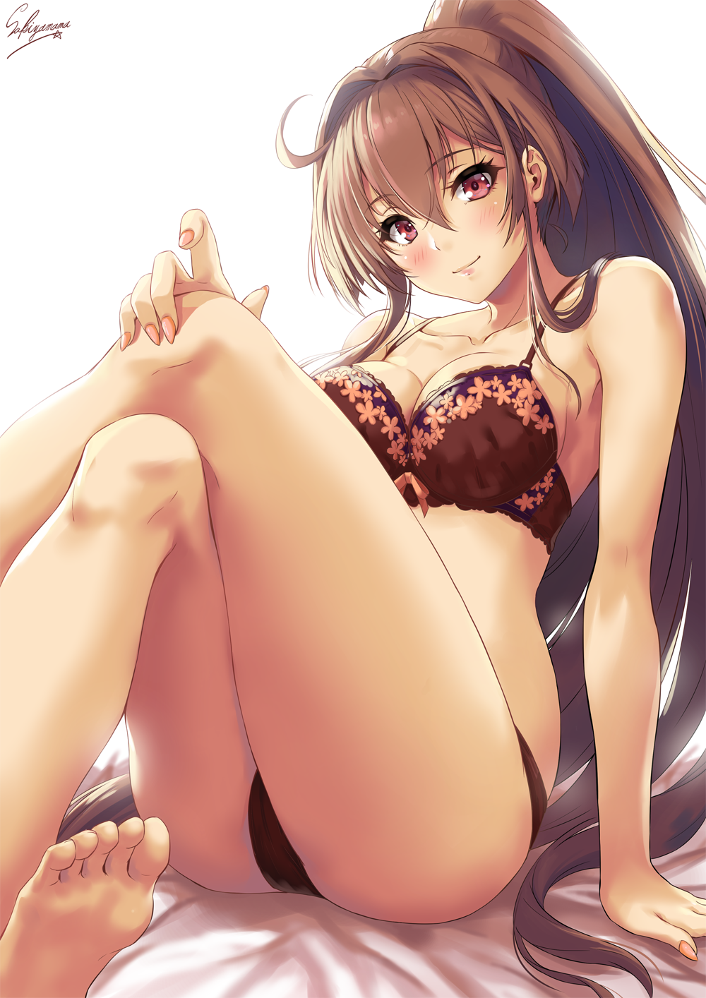 ahoge arm_support ass barefoot bed_sheet blush bra breasts brown_bra brown_hair brown_panties cleavage closed_mouth collarbone commentary_request crossed_legs feet floral_print hair_between_eyes hand_on_own_knee highres kantai_collection large_breasts lips long_hair looking_at_viewer nail_polish on_bed panties pink_nails ponytail purple_eyes sakiyamama sideboob sidelocks signature simple_background sitting smile soles solo toes underwear underwear_only very_long_hair white_background yamato_(kantai_collection)