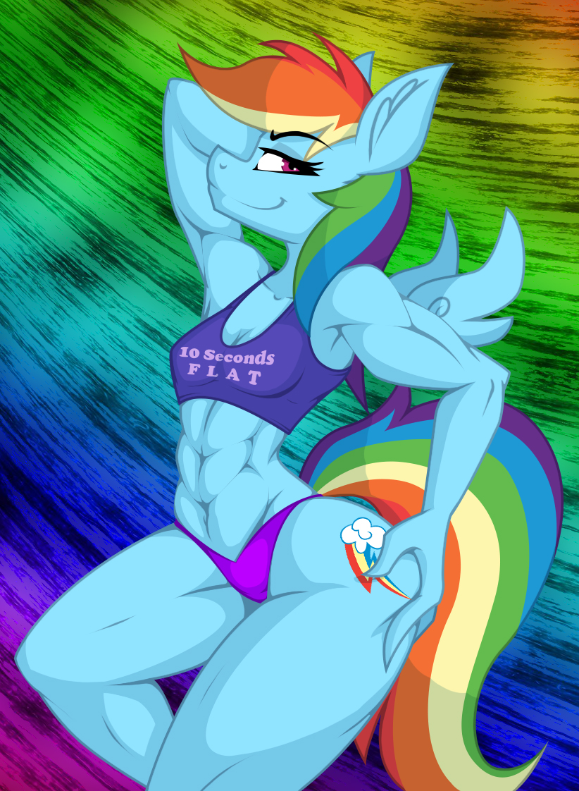2018 abs anthro anthrofied biceps blue_feathers blue_fur clothing cutie_mark digital_media_(artwork) equine feathered_wings feathers female flat_chested friendship_is_magic fur hair hi_res jrvanesbroek mammal multicolored_hair muscular muscular_female my_little_pony pegasus purple_eyes rainbow_dash_(mlp) rainbow_hair shorts solo standing thong wings