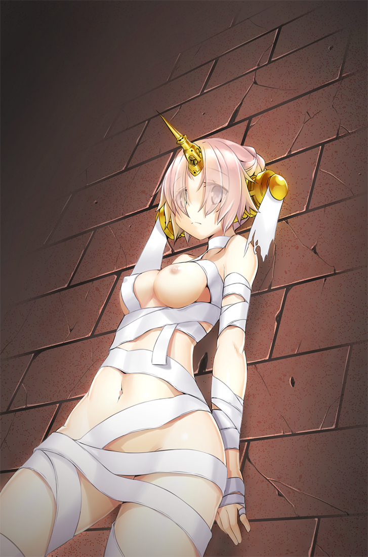 against_wall bandages breasts brick_wall closed_mouth dutch_angle eyes_visible_through_hair fate/apocrypha fate_(series) frankenstein's_monster_(fate) from_below frown horn kuro_emimi medium_breasts naked_bandage navel nipples short_hair standing