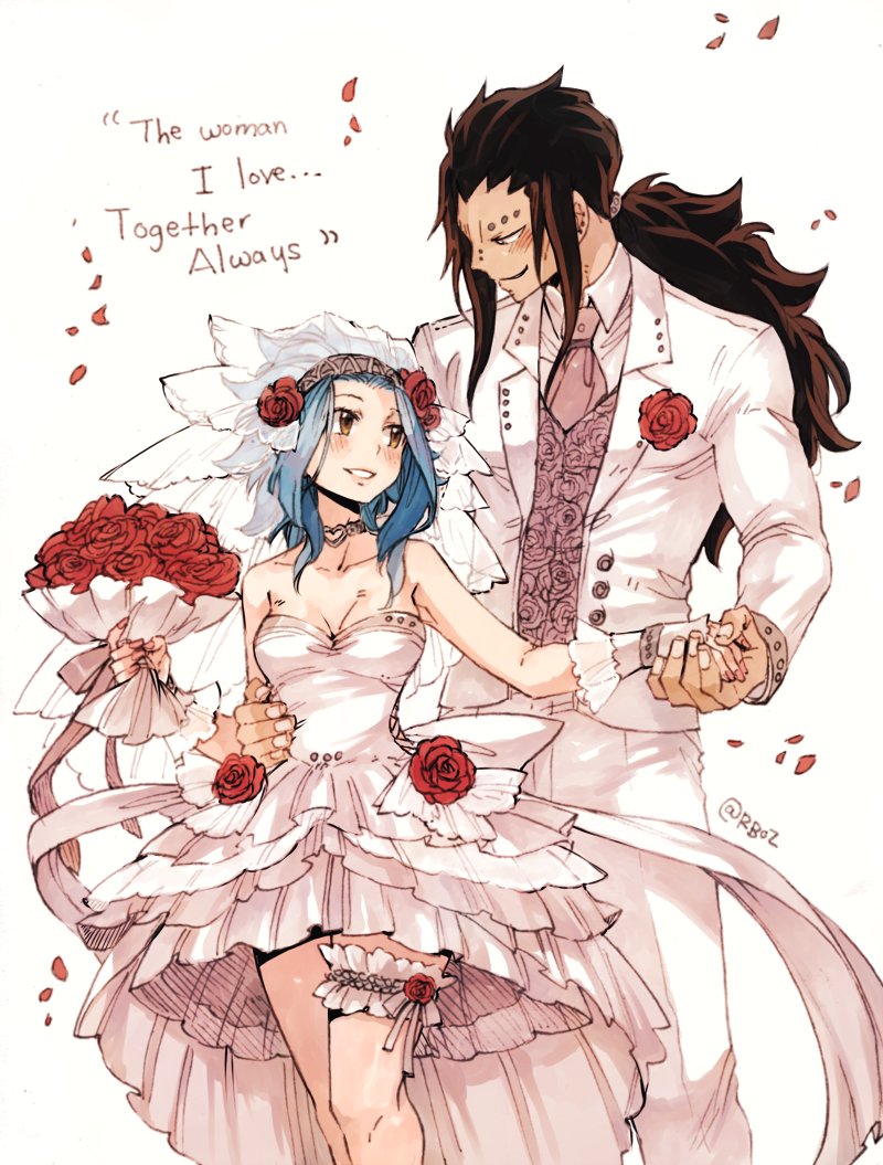 1girl black_hair blue_hair blush bouquet breasts bridal_veil choker cleavage collarbone couple dress english eye_contact fairy_tail flower formal gajeel_redfox hair_flower hair_ornament holding holding_bouquet holding_hands jacket levy_mcgarden long_hair looking_at_another medium_breasts nail_polish pants petals pink_nails ponytail red_flower red_rose rose rusky simple_background sleeveless sleeveless_dress smile standing strapless strapless_dress thigh_strap veil very_long_hair wedding_dress white_background white_dress white_jacket white_pants