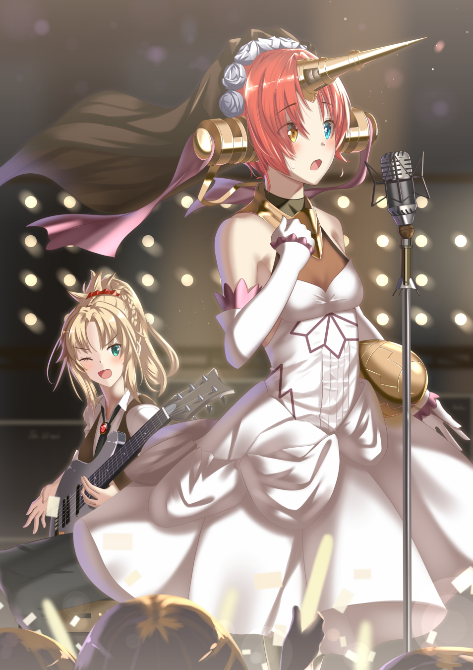 ;d bangs black_pants blonde_hair blue_eyes blue_flower breasts bridal_veil dress elbow_gloves eyebrows_visible_through_hair fate/apocrypha fate_(series) flower frankenstein's_monster_(fate) gloves guitar hair_between_eyes hair_flower hair_ornament hair_scrunchie head_wreath heterochromia high_ponytail highres holding holding_instrument horn instrument long_hair microphone microphone_stand mordred_(fate) mordred_(fate)_(all) multiple_girls one_eye_closed open_mouth pants pixiv_fate/grand_order_contest_2 red_hair red_scrunchie scrunchie shirt short_hair sleeveless sleeveless_dress small_breasts smile stage standing veil wedding_dress white_dress white_gloves white_shirt yellow_eyes ynote