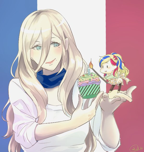 alternate_costume bangs blonde_hair blue_eyes blue_hair candle commandant_teste_(kantai_collection) commentary_request cupcake fairy_(kantai_collection) flag_background food france french_flag hair_between_eyes kantai_collection long_hair minigirl mole mole_under_eye mole_under_mouth multicolored_hair multiple_girls red_hair richelieu_(kantai_collection) sei_masami smile swept_bangs white_hair