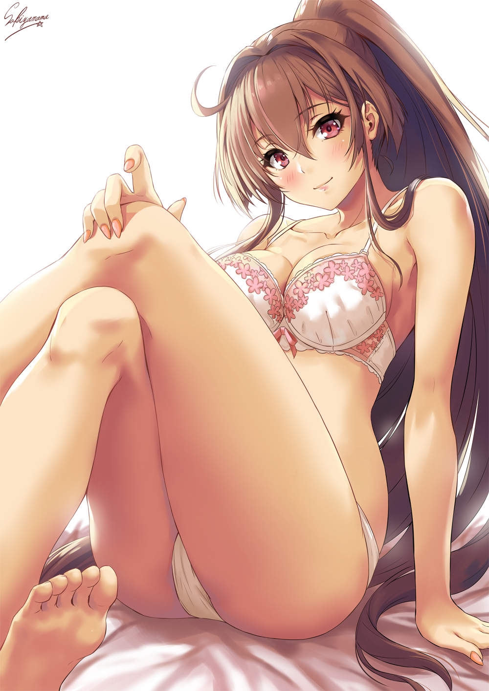 ahoge arm_support ass barefoot bed_sheet blush bra breasts brown_hair cleavage closed_mouth collarbone commentary_request crossed_legs feet floral_print hair_between_eyes hand_on_own_knee highres kantai_collection large_breasts lips long_hair looking_at_viewer nail_polish on_bed panties pink_bra pink_nails pink_panties ponytail purple_eyes sakiyamama sideboob sidelocks signature simple_background sitting smile soles solo toes underwear underwear_only very_long_hair white_background yamato_(kantai_collection)