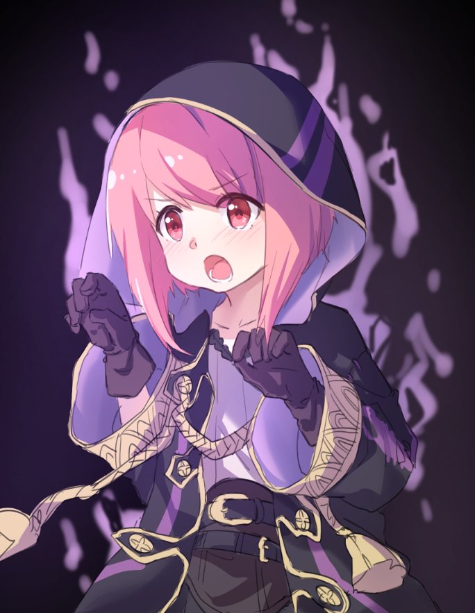 aura belt black_gloves blush commentary_request cosplay dark_aura fire_emblem fire_emblem:_kakusei fire_emblem_heroes fire_emblem_if gimurei gimurei_(cosplay) gloves hood hood_up long_sleeves my_unit_(fire_emblem:_kakusei) open_mouth pink_hair red_eyes robe sakura_(fire_emblem_if) short_hair solo transistor wide_sleeves