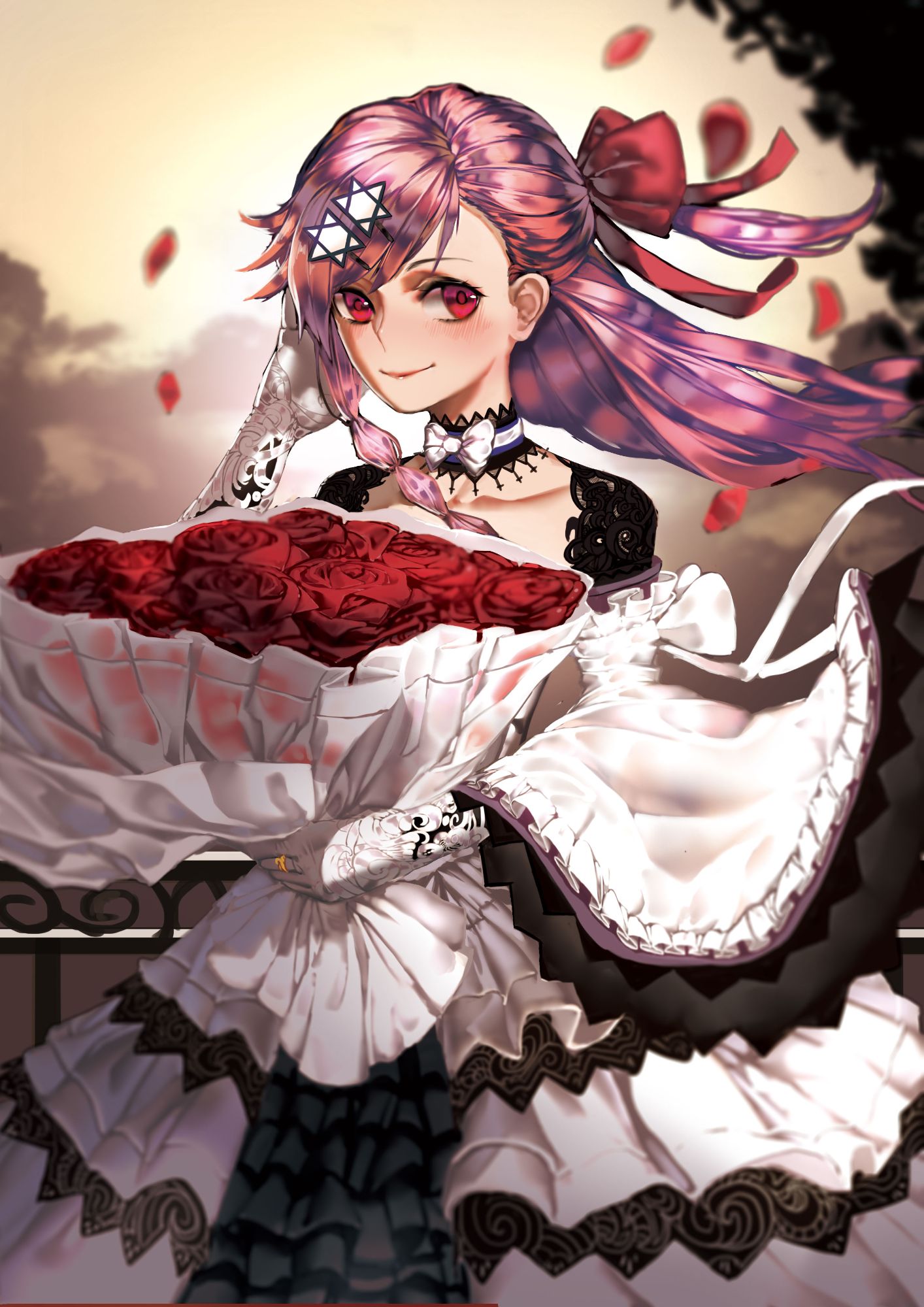 alternate_costume artist_request asymmetrical_bangs bangs blurry blurry_background blush bouquet bow bow_choker braid choker closed_mouth cloud collarbone cowboy_shot depth_of_field dress elbow_gloves evening floating_hair flower girls_frontline gloves hair_between_eyes hair_bow hair_ornament hair_ribbon hairclip hand_on_own_head hexagram highres holding holding_bouquet jewelry lace_trim layered_dress long_hair looking_at_viewer negev_(girls_frontline) one_side_up outdoors petals pink_hair railing red_bow red_eyes red_flower red_ribbon red_rose ribbon ring rose side_braid smile solo source_request star_of_david wide_sleeves wind wind_lift
