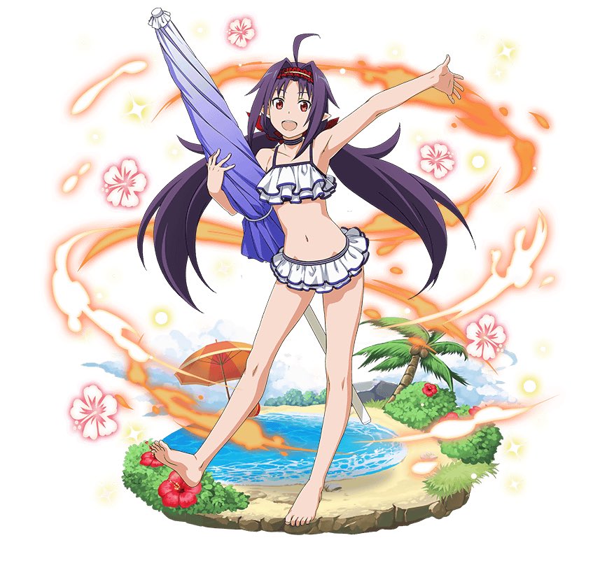 :d ahoge alternate_hairstyle armpits bangs barefoot beach_umbrella bikini choker closed_umbrella collarbone faux_figurine feet flat_chest floating_hair flower frilled_bikini frills full_body hair_ribbon hairband hibiscus holding layered_bikini lolita_hairband long_hair looking_at_viewer low_twintails navel official_art open_hand open_mouth outstretched_arm pointy_ears purple_hair red_eyes red_flower red_ribbon ribbon simple_background smile soles solo standing standing_on_one_leg swimsuit sword_art_online sword_art_online:_code_register toes twintails umbrella very_long_hair white_background white_bikini yuuki_(sao)