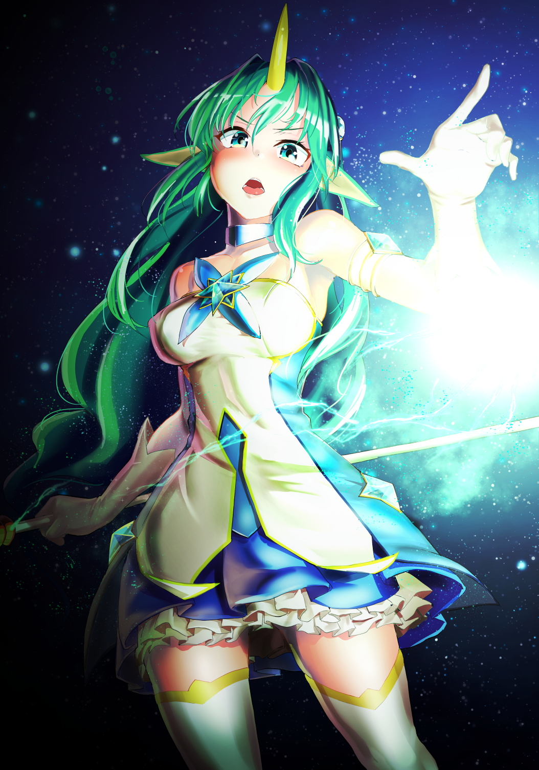 alternate_costume alternate_hair_color animal_ears bare_shoulders blue_eyes blush breasts elbow_gloves gloves green_eyes green_hair highres horn league_of_legends long_hair looking_at_viewer magical_girl medium_breasts morochin_(mo_loss_an) open_mouth pointing pointy_ears skirt solo soraka staff standing star_guardian_soraka thighhighs very_long_hair white_gloves white_legwear wings