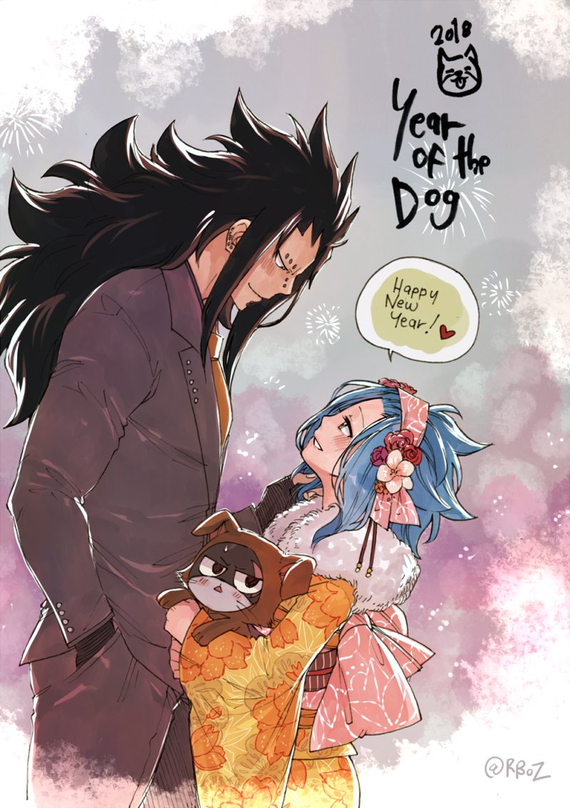 1girl 2018 animal_costume black_gloves black_hair black_jacket black_pants blue_hairband dog_costume ear_piercing eye_contact fairy_tail fingerless_gloves floral_print flower fur_trim gajeel_redfox gloves hair_flower hair_ornament hairband hand_in_pocket happy_new_year headband heart jacket japanese_clothes kimono levy_mcgarden long_hair looking_at_another looking_down looking_up necktie new_year nose_piercing obi orange_neckwear pantherlily pants piercing red_flower rusky sash signature sketch standing very_long_hair white_flower yellow_kimono yukata