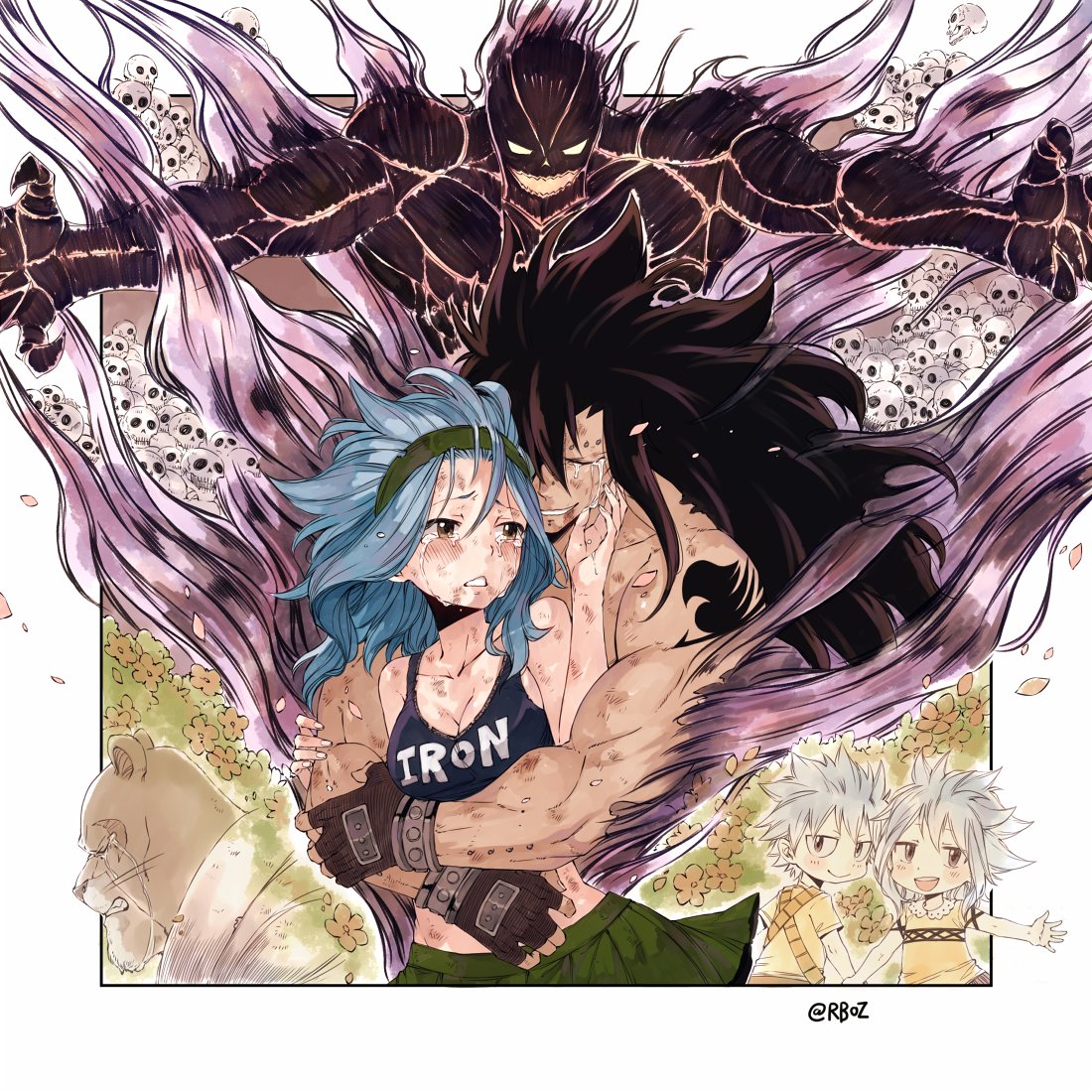 3boys black_gloves black_hair blue_hair blush breasts bruise cleavage closed_eyes crop_top crying crying_with_eyes_open fairy_tail fingerless_gloves gajeel_redfox gloves headband holding_hands hug hug_from_behind injury levy_mcgarden long_hair medium_breasts miniskirt multiple_boys multiple_girls outstretched_arm outstretched_arms pantherlily pleated_skirt rusky shirt short_sleeves simple_background skirt sleeveless sleeveless_shirt sleeves standing tattoo tears very_long_hair yellow_shirt