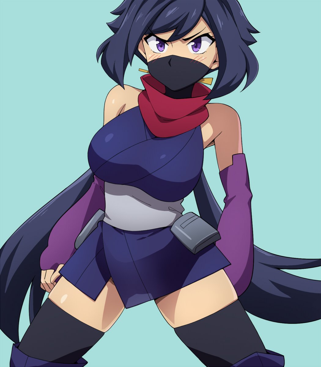 ayame_(gundam_build_divers) bangs bare_shoulders black_hair black_legwear blue_background blush boots breasts cowboy_shot elbow_gloves face_mask fingerless_gloves gloves gundam gundam_build_divers hairu highres japanese_clothes large_breasts long_hair looking_at_viewer low_ponytail mask ninja ninja_mask ponytail pouch purple_eyes purple_gloves red_scarf sash scarf solo spread_legs swept_bangs thigh_boots thighhighs thighhighs_under_boots very_long_hair
