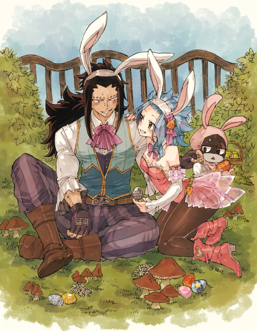 1girl animal_ears black_gloves black_hair black_legwear blue_sky boots bow bowtie breasts brown_eyes brown_footwear bunny_ears bunny_tail bunnysuit cleavage day detached_sleeves easter easter_egg egg eye_contact fairy_tail fake_animal_ears fingerless_gloves gajeel_redfox gloves grin hairband hand_on_another's_shoulder high_heel_boots high_heels holding leotard levy_mcgarden long_hair looking_at_another mushroom nail_polish outdoors pantherlily pants pantyhose pink_bow pink_leotard pink_nails pink_neckwear purple_pants red_footwear rusky see-through sitting sky small_breasts smile striped striped_bow striped_leotard striped_neckwear tail vertical_stripes very_long_hair white_hairband