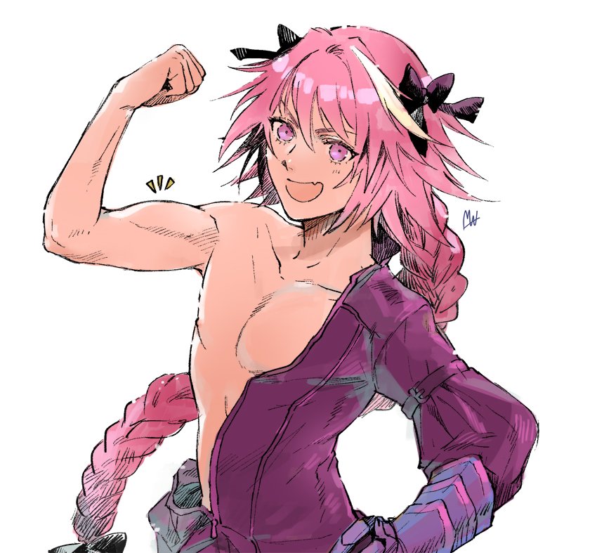 7luna :d astolfo_(fate) black_bow black_ribbon bow braid commentary_request fang fate/apocrypha fate_(series) flexing gauntlets hair_intakes hair_ribbon hand_on_hip long_braid long_hair looking_at_viewer male_focus multicolored_hair muscle open_mouth partially_undressed pink_hair pose purple_eyes ribbon signature simple_background single_braid smile solo streaked_hair translation_request unzipped white_background