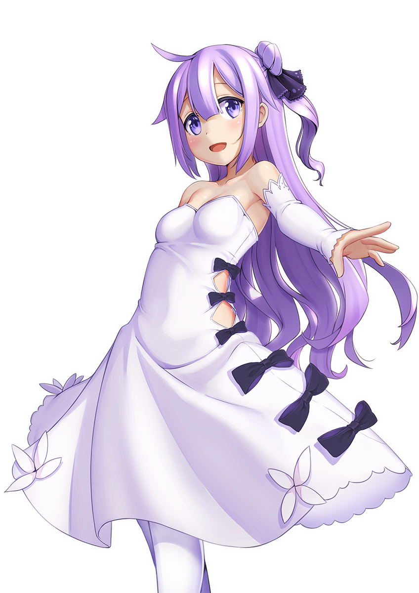 :d azur_lane bare_shoulders black_bow blush bow breasts detached_sleeves dress eyebrows_visible_through_hair hair_between_eyes head_tilt highres kuro_emimi long_hair one_side_up open_mouth purple_hair simple_background sleeves_past_wrists small_breasts smile solo standing unicorn_(azur_lane) very_long_hair white_background white_dress white_legwear