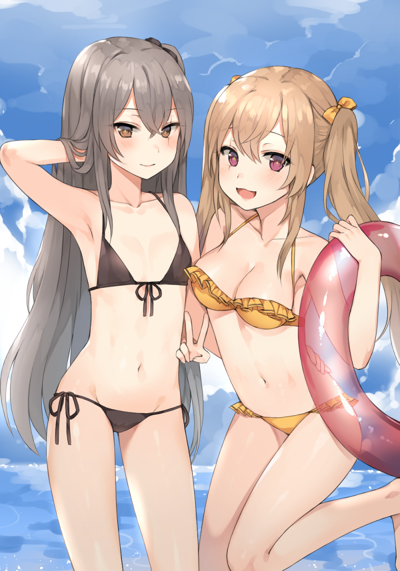 alternate_costume armpits bad_id bad_pixiv_id bangs bikini black_bikini blue_sky blush breasts brown_eyes brown_hair canape_(canape0130) cleavage closed_mouth cloud collarbone commentary day eyebrows_visible_through_hair flat_chest frilled_bikini frills front-tie_top girls_frontline grey_hair groin hair_between_eyes hand_in_hair holding holding_innertube innertube leg_up long_hair looking_at_viewer medium_breasts multiple_girls navel ocean one_side_up open_mouth outdoors scar scar_across_eye side-tie_bikini sidelocks sky smile standing standing_on_one_leg stomach swimsuit thighs twintails ump45_(girls_frontline) ump9_(girls_frontline) v yellow_bikini yellow_eyes