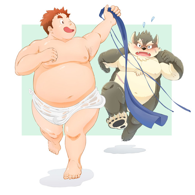 anthro blush canine chasing clothing convenient_censorship dog duo embarrassed fundoshi holding_clothing human japanese_clothing male mammal moritaka nipples nude omochiwotakusan overweight overweight_male pawpads tokyo_afterschool_summoners towel underwear