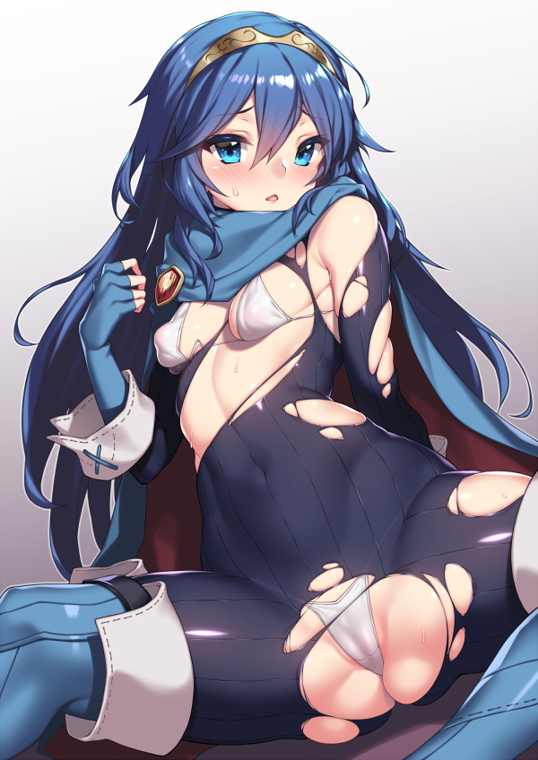 ass bangs bikini bikini_under_clothes blue_eyes blue_footwear blue_gloves blue_hair blush boots breasts cameltoe cape cleavage commentary_request covered_navel covered_nipples elbow_gloves fingerless_gloves fire_emblem fire_emblem:_kakusei fuya_(tempupupu) gloves hair_between_eyes knee_boots long_hair looking_at_viewer lucina open_mouth puffy_nipples small_breasts solo spread_legs sweat swimsuit thighs tiara torn_clothes white_bikini