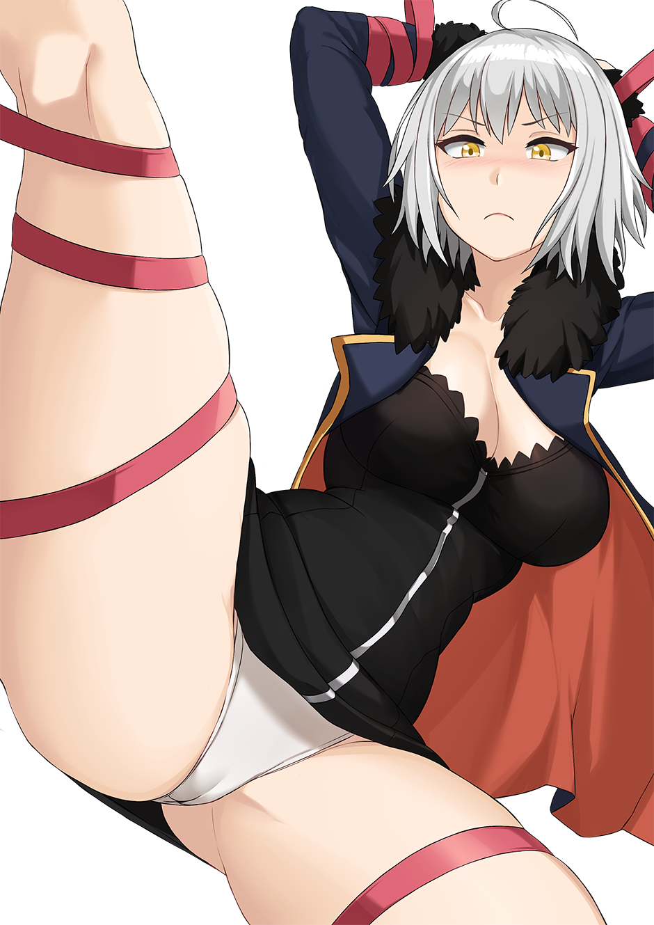aori_sora bangs black_dress blue_coat blush breasts cameltoe cleavage coat dress eyebrows_visible_through_hair fate/grand_order fate_(series) fur-trimmed_coat fur-trimmed_sleeves fur_trim highres jeanne_d'arc_(alter)_(fate) jeanne_d'arc_(fate)_(all) large_breasts long_sleeves looking_at_viewer nose_blush open_clothes open_coat panties short_dress silver_hair skindentation solo spread_legs thigh_strap underwear white_background white_panties wicked_dragon_witch_ver._shinjuku_1999 yellow_eyes