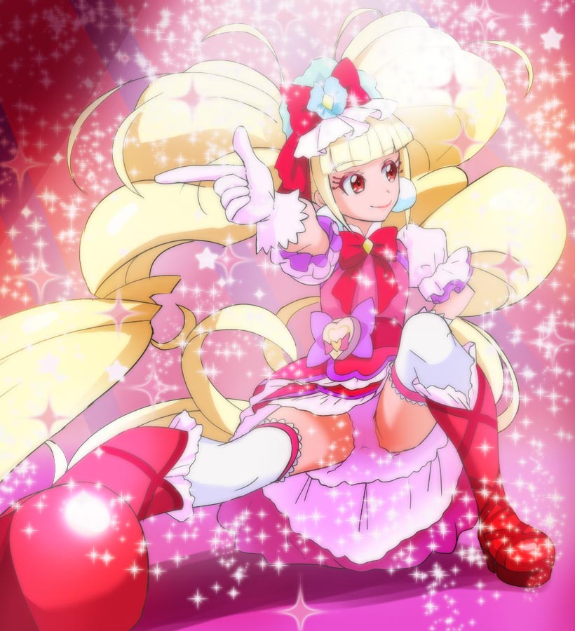 aisaki_emiru bangs blonde_hair blunt_bangs boots closed_mouth cure_macherie eyebrows_visible_through_hair gloves haruyama_kazunori hugtto!_precure lips long_hair looking_away looking_to_the_side magical_girl pink_gloves precure red_eyes red_footwear smile solo sparkle thighhighs twintails very_long_hair white_legwear
