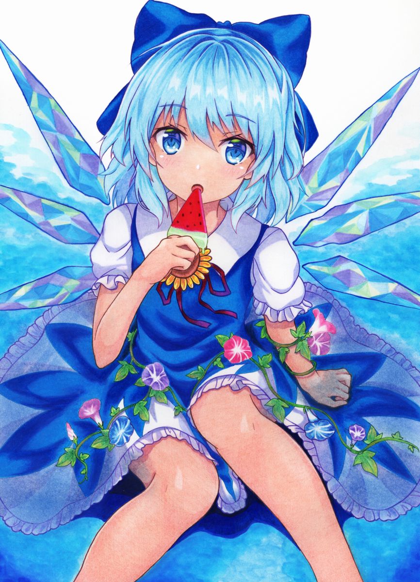 :o arm_up bangs blue_background blue_bow blue_dress blue_hair bow cirno commentary_request dress eating eyebrows_visible_through_hair flower food hair_between_eyes hair_bow head_tilt highres kittona looking_at_viewer millipen_(medium) morning_glory on_ground outstretched_leg pinafore_dress popsicle puffy_short_sleeves puffy_sleeves red_ribbon ribbon short_hair short_sleeves sitting solo sunflower tanned_cirno touhou traditional_media undershirt watercolor_(medium) watercolor_pencil_(medium) watermelon_bar wings