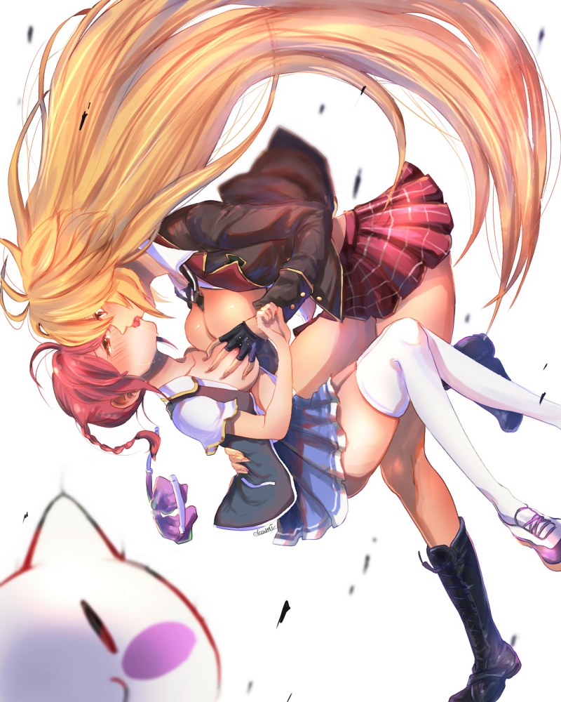 2girls blonde_hair breasts falling female fingerless_gloves hair_ornament hand_holding happy interlocked_fingers kiss large_breasts long_hair medium_breasts multiple_girls pigtails pink_hair purple_eyes shikishima_mirei simple_background skirt tokonome_mamori valkyrie_drive valkyrie_drive_-mermaid- very_long_hair white_background yellow_eyes yuri