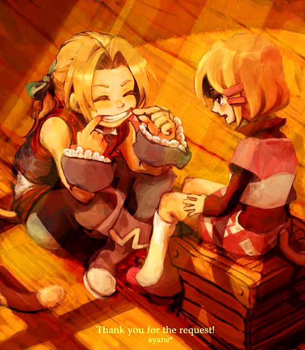 1girl ayane_(altonoki) blonde_hair boots commentary_request crate final_fantasy final_fantasy_ix gloves grin medium_hair mikoto_(ff9) short_hair siblings smile tail wooden_wall zidane_tribal