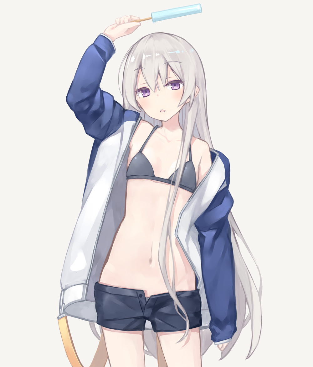 arm_up bikini bikini_under_clothes black_bikini commentary_request cowboy_shot eyebrows_visible_through_hair flat_chest food grey_background grey_hair half-closed_eyes jacket long_hair long_sleeves looking_at_viewer navel off_shoulder open_clothes open_jacket open_pants original poco_(asahi_age) popsicle purple_eyes short_shorts shorts simple_background sleeves_past_wrists solo swimsuit very_long_hair