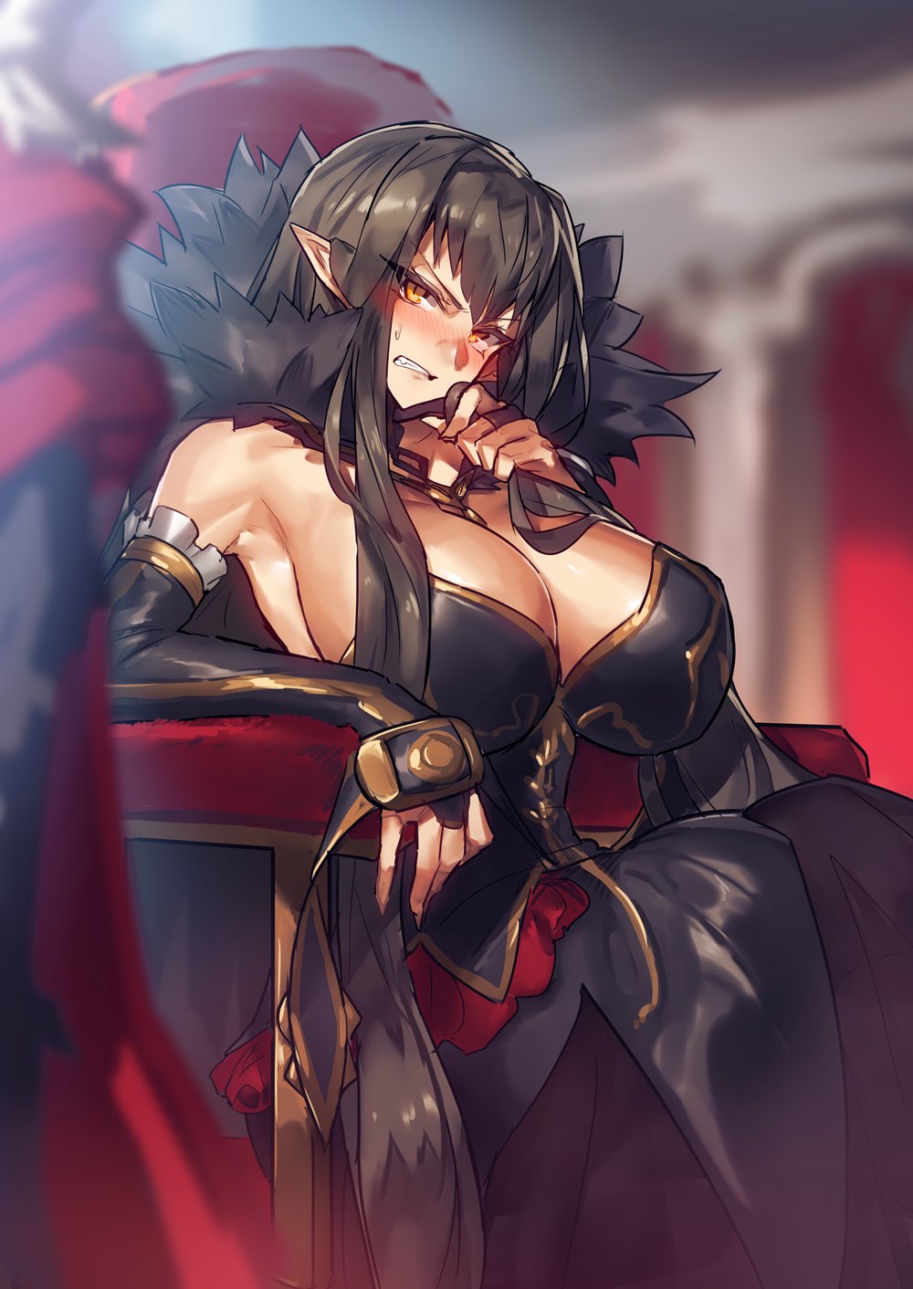 armpits bare_shoulders black_dress black_hair blush breasts bridal_gauntlets cleavage clenched_teeth collarbone commentary detached_sleeves dress fate/apocrypha fate/grand_order fate_(series) fur_trim hand_on_own_chest highres huge_breasts indoors jewelry long_dress long_hair melon22 necklace pointy_ears semiramis_(fate) sideboob sitting sweatdrop teeth throne very_long_hair yellow_eyes