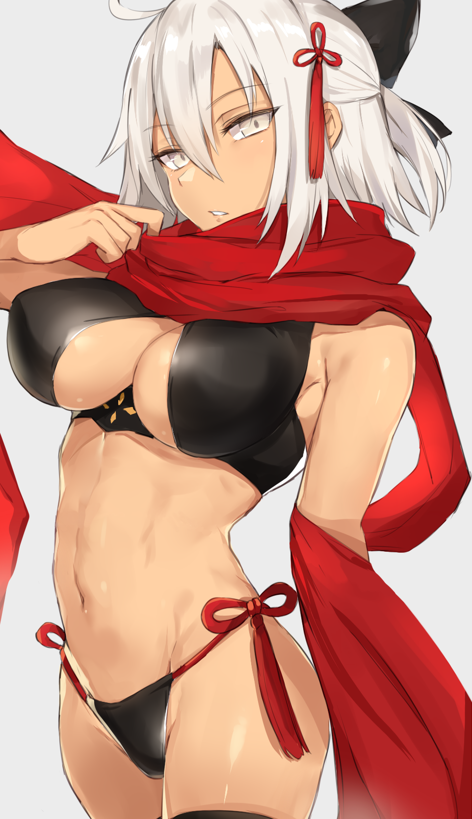 abs ahoge bangs bare_shoulders bikini black_bikini black_bow bow breasts collarbone commentary_request dark_skin fate/grand_order fate_(series) grey_eyes hair_between_eyes hair_bow hair_ornament half-closed_eyes halter_top halterneck highres hips kyouki large_breasts looking_at_viewer navel okita_souji_(alter)_(fate) okita_souji_(fate)_(all) open_mouth parted_lips red_scarf scarf short_hair silver_hair simple_background solo swimsuit tassel thighs tied_hair toned underboob white_hair