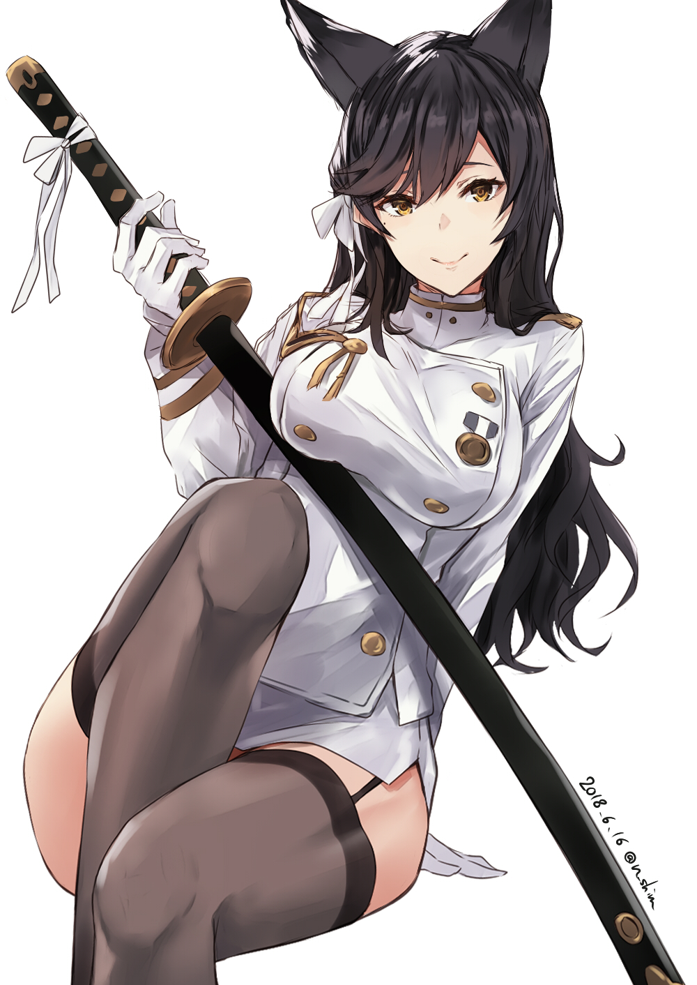 animal_ears arm_behind_back arm_support ass atago_(azur_lane) azur_lane bangs black_hair black_legwear breasts closed_mouth commentary_request dated extra_ears flower garter_straps gloves hair_flower hair_ornament hair_ribbon highres holding holding_sword holding_weapon katana knee_up large_breasts leaning long_hair long_sleeves looking_at_viewer medal military military_uniform mole mole_under_eye nabeshima_tetsuhiro pencil_skirt ribbon sheath sheathed sidelocks sitting skirt smile solo swept_bangs sword thighhighs twitter_username uniform weapon white_background white_gloves white_ribbon white_skirt zettai_ryouiki