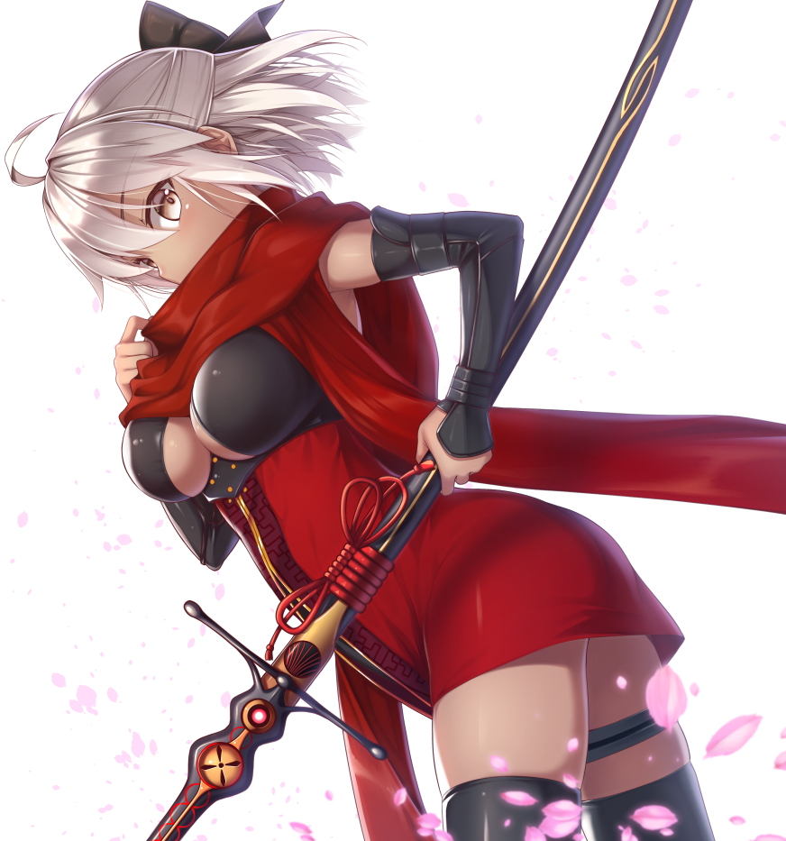 black_legwear black_ribbon breasts brown_eyes cherry_blossoms commentary_request fate/grand_order fate_(series) hair_between_eyes hair_ribbon half_updo looking_at_viewer medium_breasts nullken okita_souji_(alter)_(fate) okita_souji_(fate)_(all) petals red_scarf ribbon scarf sheath sheathed short_hair silver_hair solo sword thighhighs weapon