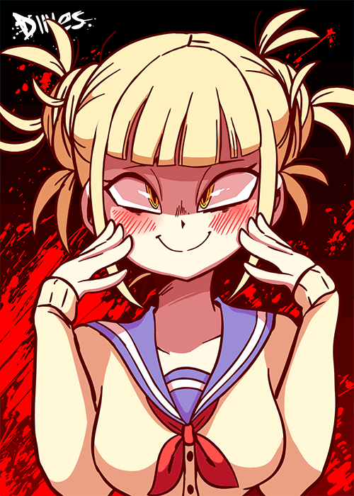 1girl animated animated_gif black_bra blonde_hair blood blush boku_no_hero_academia breasts diives double_bun fangs flashing looking_at_viewer medium_breasts open_clothes open_mouth open_shirt short_hair signature skindentation smile solo toga_himiko