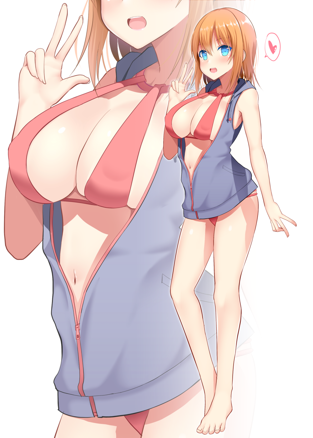 :d arm_at_side bangs bare_arms bare_legs bare_shoulders barefoot bikini blue_eyes blush breasts cleavage collarbone commentary_request eyebrows_visible_through_hair feet fingernails full_body hair_between_eyes halter_top halterneck heart highres hood hood_down hoodie large_breasts long_fingernails looking_at_viewer midriff multiple_views navel open_mouth orange_bikini orange_hair original partially_unzipped pocket short_hair simple_background sleeveless sleeveless_hoodie smile speech_bubble spoken_heart swimsuit takeyuu toenails toes upper_teeth w white_background zipper zoom_layer