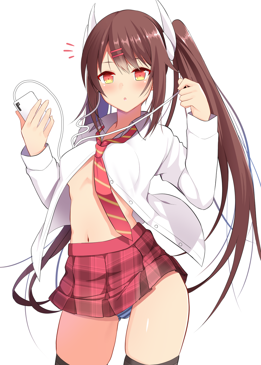 1girl :o azur_lane bangs black_legwear blush breasts brown_hair buttons cellphone collared_shirt commentary_request contrapposto cowboy_shot dress_shirt eyebrows_visible_through_hair hair_ornament hair_ribbon hairclip haruna_(azur_lane) highres holding holding_cellphone holding_phone long_hair long_sleeves looking_at_viewer medium_breasts miniskirt navel necktie no_bra open_clothes open_mouth open_shirt panties pantyshot phone plaid plaid_skirt pleated_skirt red_eyes ribbon school_uniform shirt simple_background skindentation skirt smartphone solo standing striped striped_neckwear striped_panties takeyuu thighhighs twintails underwear very_long_hair white_background white_ribbon white_shirt