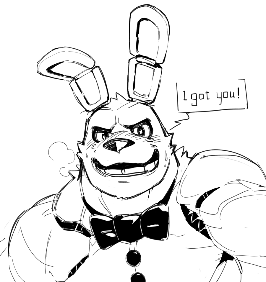2018 animatronic blush bonnie_(fnaf) bow_tie clothing dialogue english_text five_nights_at_freddy's heavy_breathing lagomorph looking_at_viewer machine male mammal monochrome muscular muscular_male null-ghost rabbit robot simple_background sketch sweat talking_to_viewer teeth text vest video_games white_background