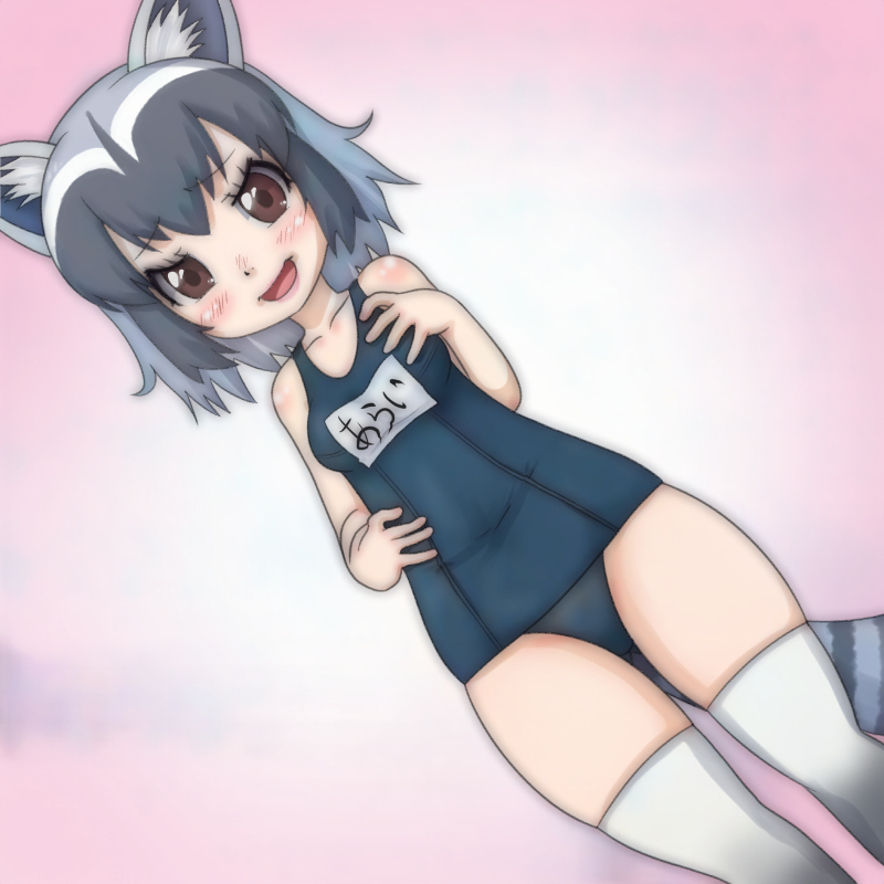 alternate_costume animal_ears bare_arms bare_shoulders black_hair blush check_translation commentary_request common_raccoon_(kemono_friends) cowboy_shot eyebrows_visible_through_hair grey_hair kemono_friends multicolored_hair one-piece_swimsuit raccoon_ears raccoon_tail school_swimsuit short_hair solo swimsuit t_jiroo_(ringofriend) tail thighhighs translation_request white_legwear