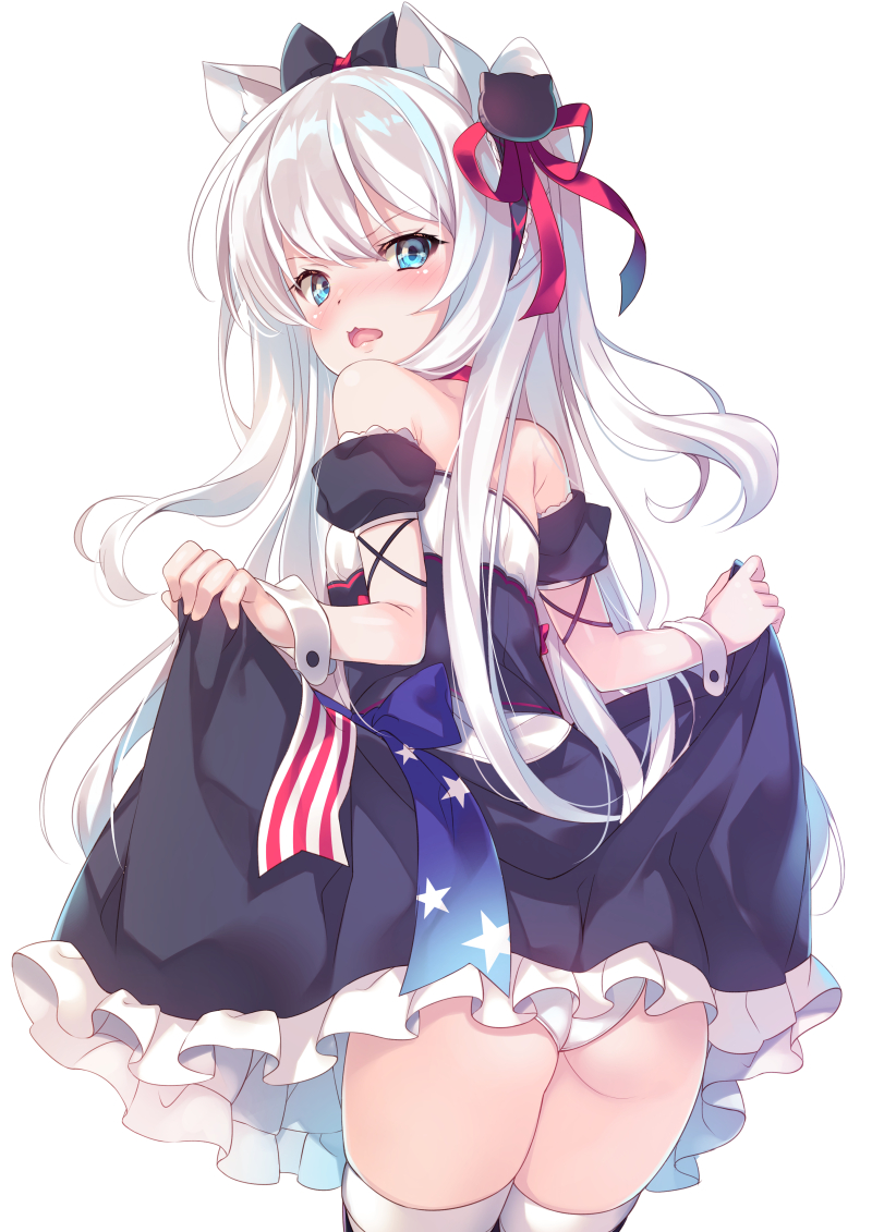 american_flag american_flag_print animal_ears ass azur_lane bangs bare_shoulders black_bow black_dress blue_eyes blush bow breasts cat_ears cat_hair_ornament choker commentary_request cowboy_shot detached_sleeves dress embarrassed eyebrows_visible_through_hair flag_print from_behind hair_between_eyes hair_bow hair_ornament hair_ribbon hammann_(azur_lane) legs_together long_hair looking_at_viewer looking_back mayuzaki_yuu one_side_up open_mouth panties print_ribbon puffy_short_sleeves puffy_sleeves red_choker red_ribbon remodel_(azur_lane) ribbon shiny shiny_hair short_sleeves silver_hair simple_background skindentation skirt skirt_lift solo standing star strapless strapless_dress thighhighs underwear v-shaped_eyebrows white_background white_legwear white_panties wrist_cuffs