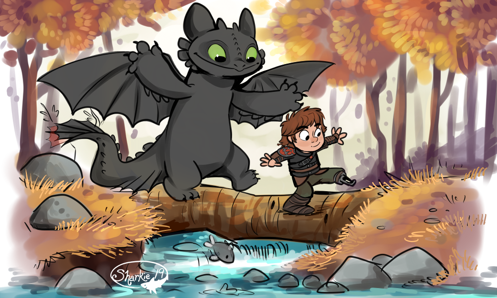 2014 calvin_and_hobbes dragon dreamworks duo fish green_eyes hiccup_(httyd) how_to_train_your_dragon human male mammal marine membranous_wings night_fury river scalie sharkie19 toothless tree wings