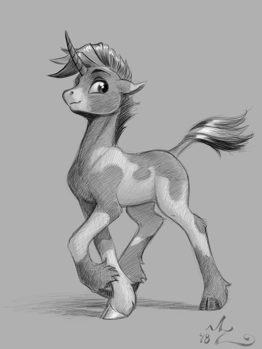 2018 amarynceus digital_drawing_(artwork) digital_media_(artwork) equine feral full-length_portrait grey_background greyscale hi_res hooves horn male mammal mane monochrome my_little_pony portrait quadruped side_view signature simple_background solo unicorn unicorn_horn