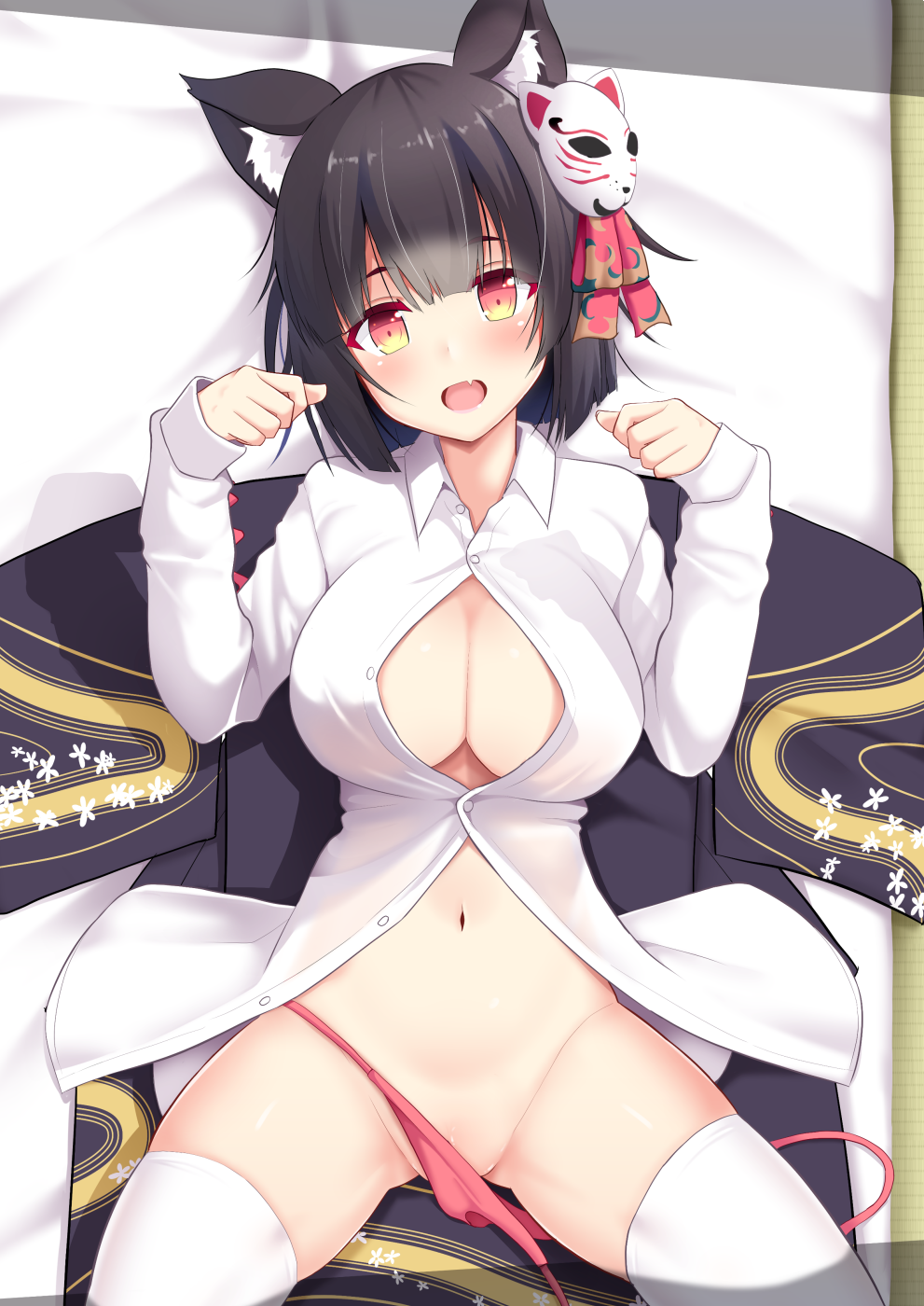 :d animal_ears azur_lane bangs black_hair black_kimono blunt_bangs blush breasts button_gap buttons cat_ears cat_mask cleavage collared_shirt commentary_request dress_shirt eyebrows_visible_through_hair fang fox_mask futon gradient gradient_eyes groin highres indoors japanese_clothes kimono kimono_removed large_breasts long_sleeves looking_at_viewer lying mask mask_on_head multicolored multicolored_eyes navel on_back open_mouth orange_eyes panties paw_pose pink_panties shirt short_hair side-tie_panties skindentation smile solo stomach string_panties takeyuu tatami thighhighs unbuttoned unbuttoned_shirt underwear untied untied_panties white_legwear white_shirt wing_collar yamashiro_(azur_lane) yellow_eyes