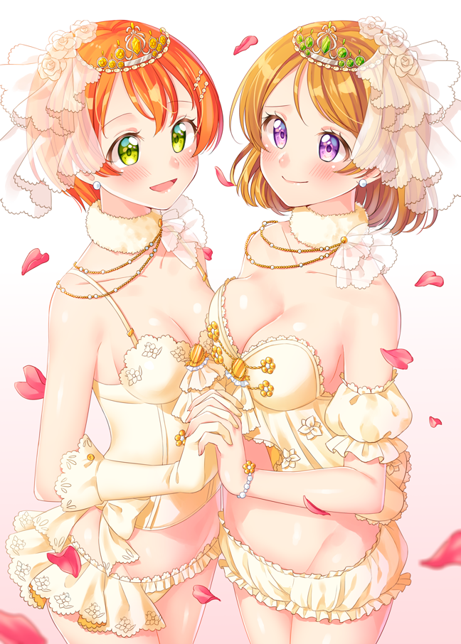 asymmetrical_docking bangs bare_shoulders blush bracelet breast_press breasts brown_hair crown earrings eye_contact flower frilled_underwear gloves gradient gradient_background green_eyes groin hair_flower hair_ornament holding_hands hoshisakura_(starblossom) hoshizora_rin jewelry koizumi_hanayo looking_at_another love_live! love_live!_school_idol_project medium_breasts multiple_girls parted_bangs petals pink_background purple_eyes red_hair short_hair small_breasts smile standing stud_earrings underwear white_gloves