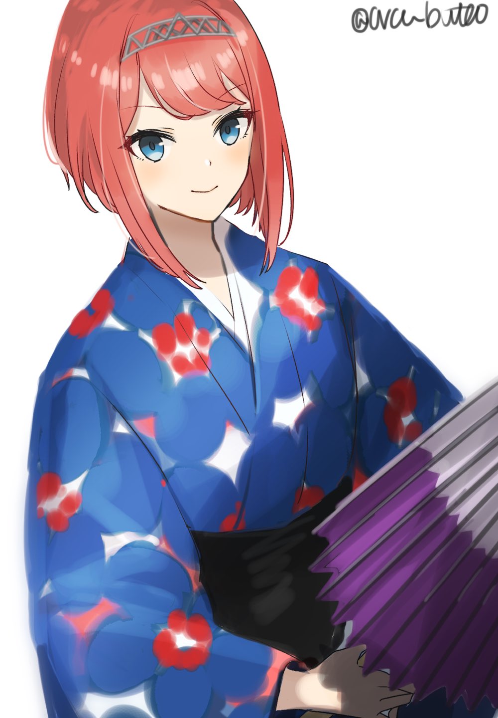 ark_royal_(kantai_collection) bangs blue_eyes blue_kimono blunt_bangs bob_cut floral_print hairband highres japanese_clothes kantai_collection kimono looking_at_viewer obi print_kimono red_hair sash short_hair simple_background solo twitter_username umbrella upper_body white_background yamashiki_(orca_buteo) yukata