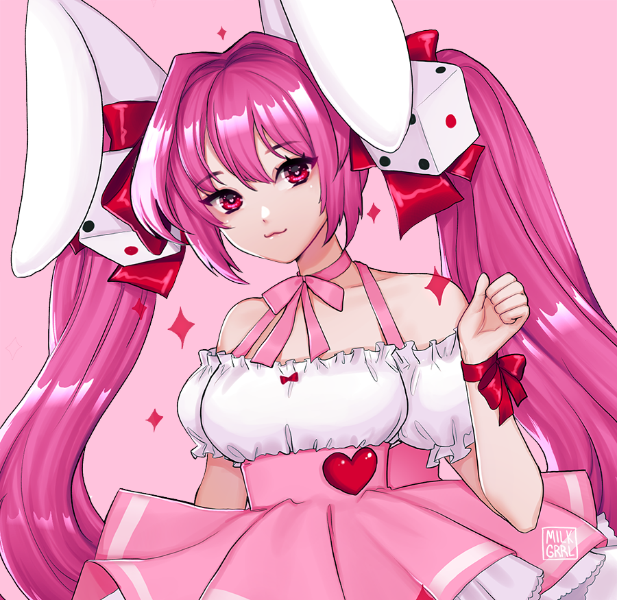 :3 animal_ears arm_at_side arm_up bangs bare_shoulders bow breasts bunny_ears choker closed_mouth commentary_request di_gi_charat dice dice_hair_ornament dress eyebrows_visible_through_hair frilled_dress frills hair_between_eyes hair_ornament hair_ribbon halterneck heart heart-shaped_pupils large_ears looking_at_viewer medium_breasts pink_background pink_dress red_ribbon ribbon shari_cote shiny shiny_hair simple_background solo star symbol-shaped_pupils underbust