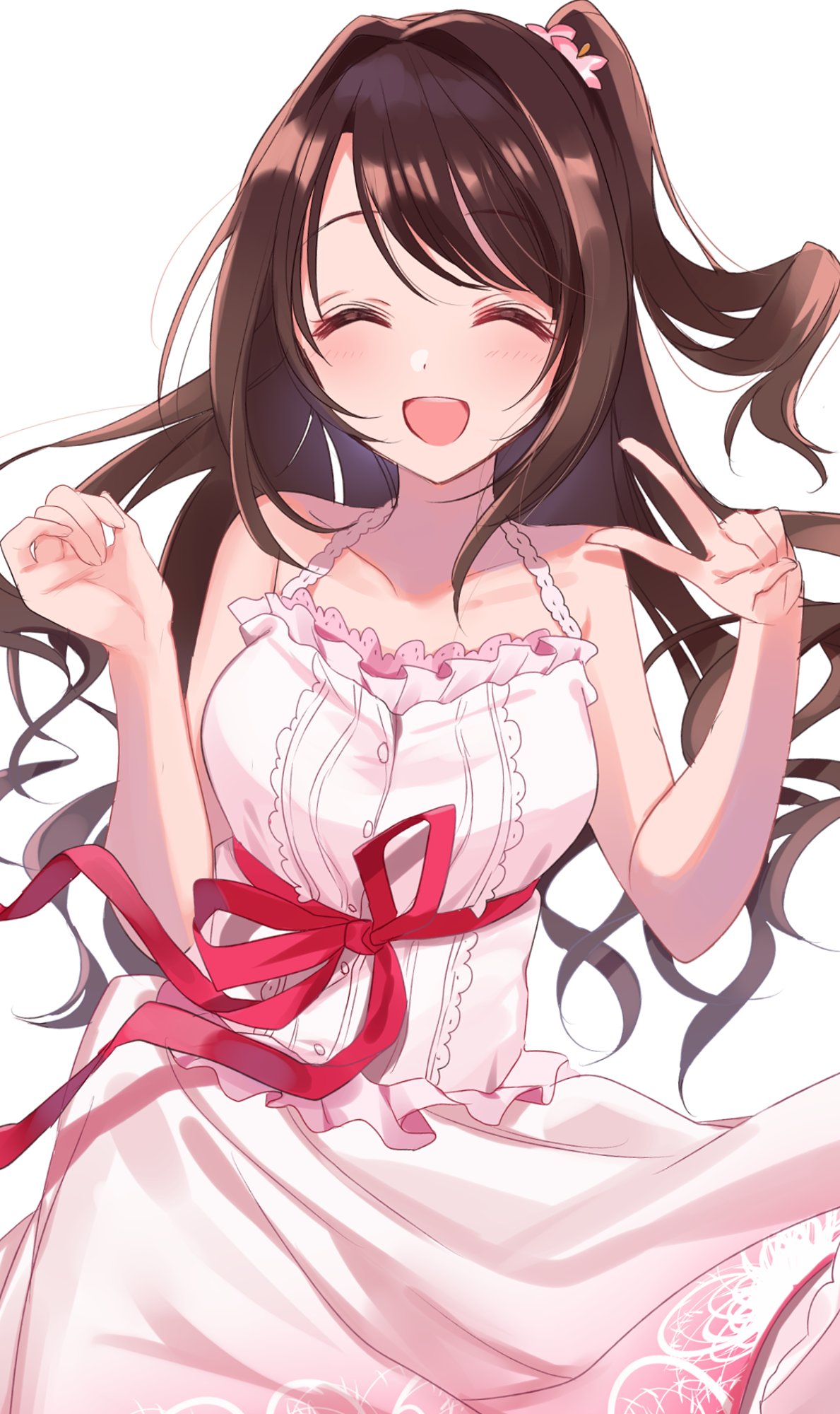 bare_arms bare_shoulders blush brown_hair closed_eyes cowboy_shot dress flower hair_flower hair_ornament highres idolmaster idolmaster_cinderella_girls long_hair misumi_(macaroni) one_side_up open_mouth pink_dress pink_flower red_ribbon ribbon shimamura_uzuki simple_background sleeveless sleeveless_dress solo v white_background