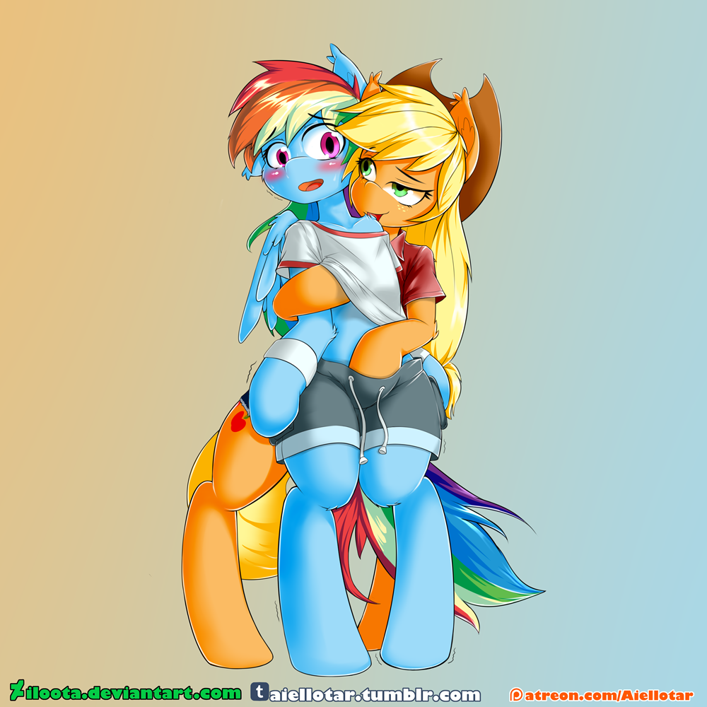 2018 applejack_(mlp) blonde_hair blue_feathers blush clothed clothing cowboy_hat cutie_mark duo earth_pony english_text equine eyebrows eyelashes feathered_wings feathers female female/female freckles friendship_is_magic fully_clothed gradient_background green_eyes grope hair hat hooves horse iloota long_hair mammal molestation multicolored_hair my_little_pony open_mouth open_smile patreon pegasus pony purple_eyes rainbow_dash_(mlp) rainbow_hair semi-anthro shaking shirt shorts simple_background smile standing text tongue url wings wristband